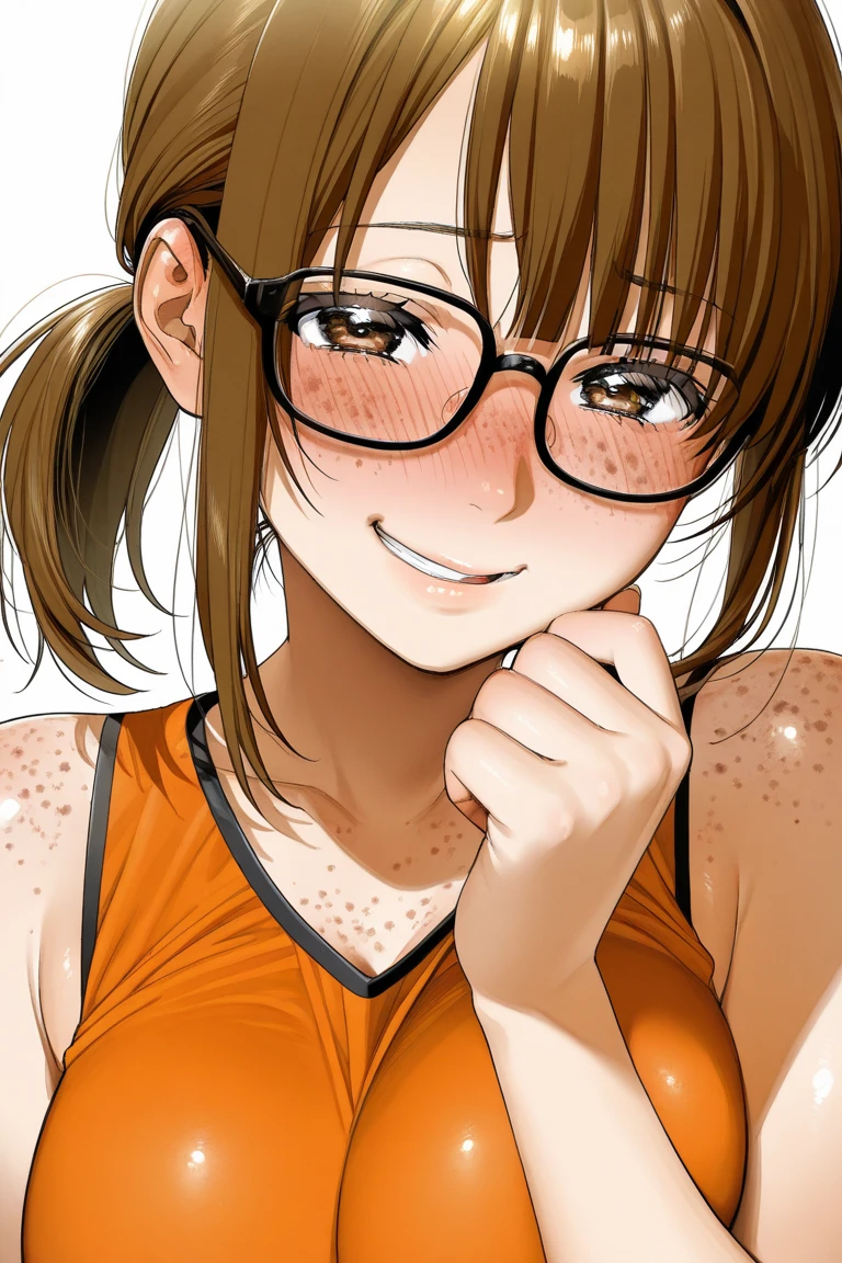 masterpiece,high quality,white background,solo,
<lora:millychilder003:0.5>,looking at viewer,smile,
millychilder,1woman,
short hair,short twintails,low twintails,brown hair,parted bangs,brown eyes,glasses,round eyewear,freckles,
bikini,
close-up,hand up,v,