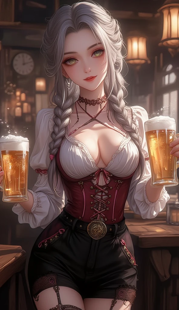 A young white haired fox woman with copper eyes and an hourglass figure and white fox ears and a white foxy tail in a pirate outfit is eating dinner at a tavern