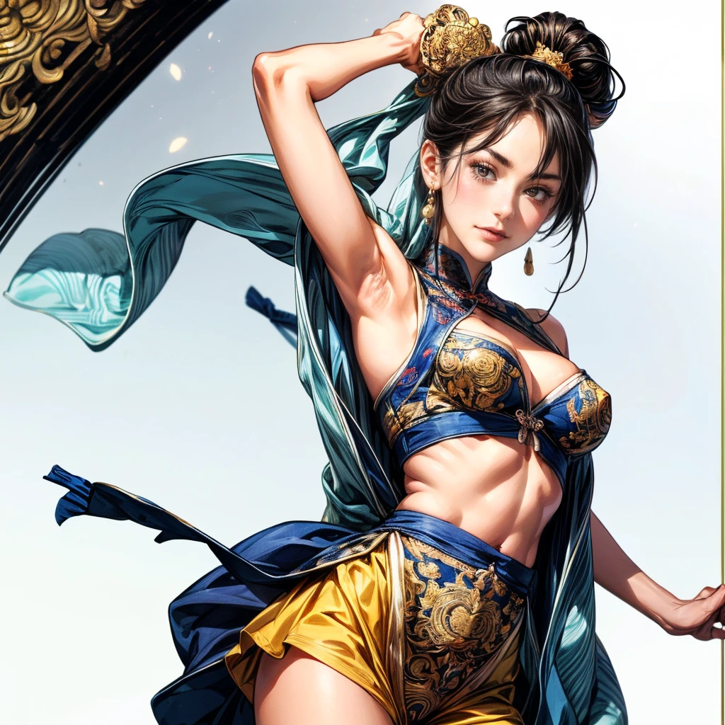 Official Art, Unified 8K Wallpapers, Ultra Detailed, Beautiful and Aesthetic, Masterpiece, Best Quality, (Zentangle, Tangle, Entangle), (fractal art: 1.4), (character center: 1.3), 1girl, black hair, Chinese, off-the-shoulders, short skirt, calf, navel, very detailed, dynamic angle, cowboyshot, (most beautiful form of chaos), ethereal, (bright colors), oc, (half: 1.2), china, (thangka flying sky: 1.5), (ribbon: 1.3), (dream: 1.5), (hanfu: 1.5), Chinese dragon, Chinese phoenix, (smile: 0.5), ( Chinese deities),