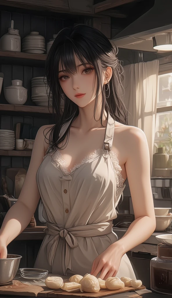(from above:1.0),(from side:0.9),masterpiece, 1girl, Amazing Cleavage:1.1, thin waist, big ass, Raised sexy, small breast: 1.3, posed cleavage:1.2、solo, looking at viewer, open mouth, have a cute grass of cute beergrass,black hair, dark green eyes, dress, bare shoulders, jewelry, collarbone, sidelocks, hairband, earrings, indoors, off shoulder, :o, sweater, arms behind back, plant, short hair with long locks, gild hairband, off-shoulder dress, sweater dress, off-shoulder sweater, red sweater, dark gord hair, big side hair, very long side hair,is rendered in (masterpiece: 1.2, best quality), with (ultra high resolution) and an exquisite (depth of field). This masterpiece is not only visually stunning but also tells,A scene of cooking in the kitchen by classroom