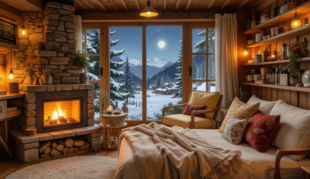arafed view of a snowy night with a fireplace and a bed, snow falling on a big window, snow falling viewing from room, outside snowfall, warm beautiful scene, cozy candlelight, cozy and peaceful atmosphere, cosy enchanted scene, cozy and calm, cozy wallpaper, cozy place, cozy atmospheric, cozy setting, winter setting, room full of candles, cozy home background, cozy room, cozy atmosphere, cozy environment, beautiful ambiance