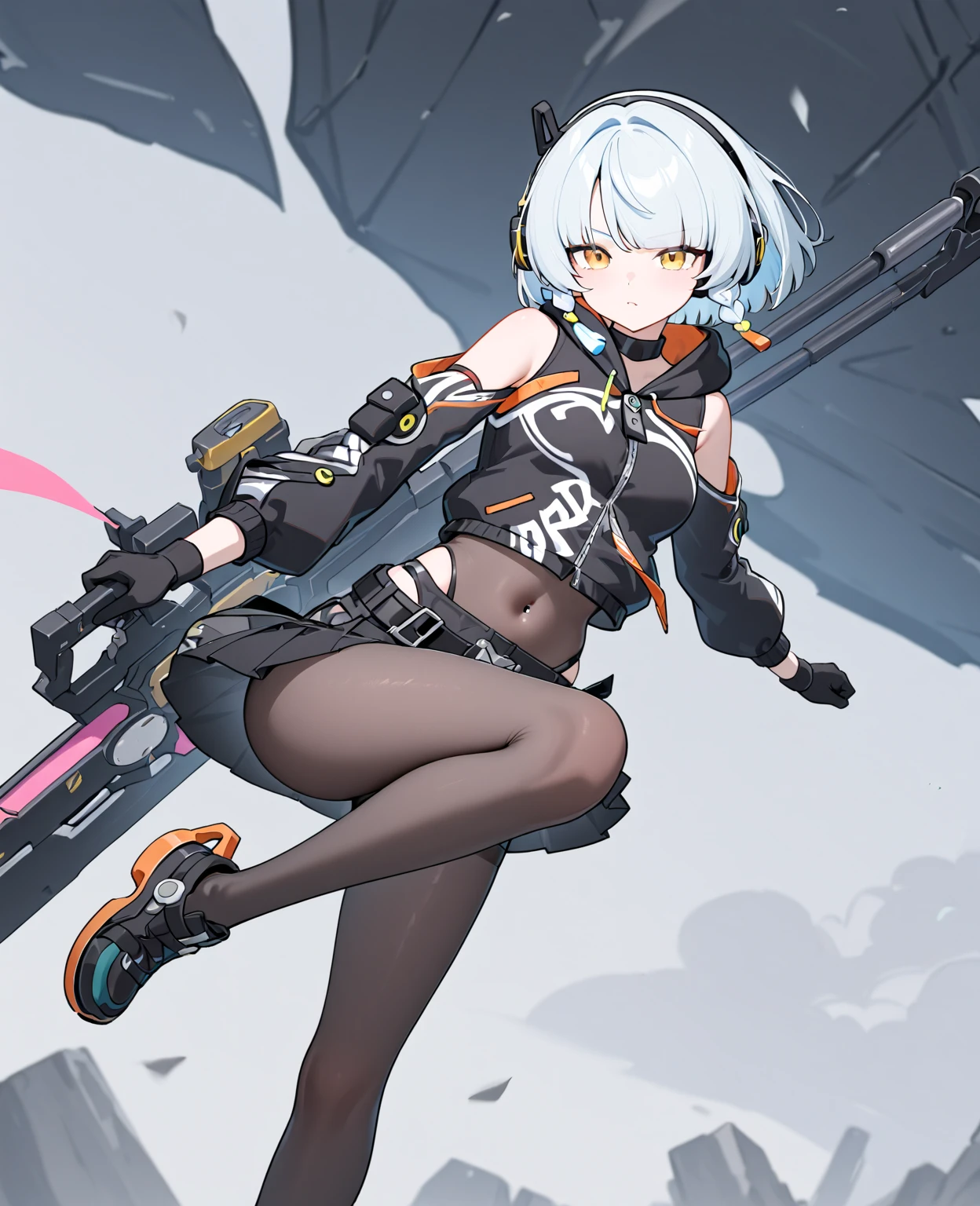 Woman body definition thick thigh cybernetic body parts, short underwear, combat posture,