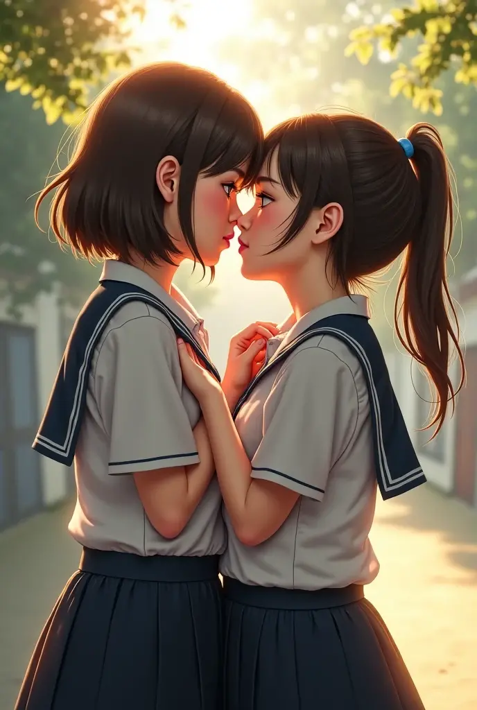 A heartwarming moment between an Indian 20 year old brother and sister, both dressed in their distinctive school uniforms. The brother, with his short hair neatly combed and a mischievous smile, is slightly taller than his sister, which suggests a protective nature. He is clad in navy blue shorts that hit just above the knee, paired with crisp, white socks that fold down at the ankles, revealing a hint of his bare skin. His short sleeve shirt, a vibrant shade of light blue, matches the color of the school emblem proudly stitched onto the pocket. The sister, on the other hand, is a vision of innocence and charm with her dark hair tied back into a high ponytail, showcasing her delicate features. She wears a pleated skirt in the same navy blue as her brother's shorts, reaching just below her knees and complemented by a pair of thigh-high socks adorned with white stripes, reminiscent of a sailor's attire. Her white blouse, featuring a sailor collar with a cute bow at the neck, adds a touch of elegance to her ensemble. The siblings stand in a playful embrace, the brother leaning down slightly to plant a gentle kiss on his sister's forehead. The soft, warm light bathes the scene, highlighting their pure and loving bond. The background is a blur of lush greenery, hinting at their schoolyard setting where such tender moments often unfold amidst the hustle and bustle of academic life. The vibrant colors of their uniforms stand out against the serene backdrop, creating a poignant contrast of youthful exuberance and the tranquility of the environment. The picture captures a fleeting second of their shared childhood, a testament to the unspoken love and camaraderie that exists between siblings, transcending the boundaries of their school routine, cute detailed face ,