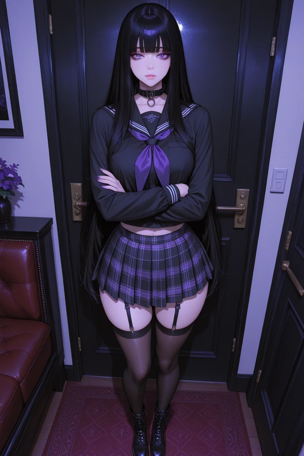 (best aesthetic,best quality,ultra high res,insanely detailed,exquisite,absolutely resolution,explicit),BREAK,(((perfect anatomy,perfect proportion,artstation female body))),BREAK,(detailed beautiful jewely catchlight gradient slant eyes,thick bluish eyeshadow, thin eyebrows, thick black eyeliner, Highlighted eyes with eyeliner, false eyelashes),ligne claire,gleaming skin,super detailed skin,BREAK,nsfw,horny presenting,fall into pleasure,orgasm,looking at viewer,public indecency,full body,In town,BREAK,(beautiful toddler gal,loli),prostitute,BREAK,small baby face,childish and super cute,((((blush)))),BREAK,Bishojo,ultra cute,Kawaii,BREAK,low body size,short stature,slender,BREAK,(((((jirai kei))))),BREAK,(black and purple ((streaked hair))))),(((((two side up long hair))))),BREAK,((shiny glossy metaric beautiful hair,gradient hair)),BREAK,((small breasts)),((puffy nipples,erectile nipples,long nipples,huge areolas)),BREAK,(((((punk fashion))))),(yamikawa gothiclolita punk fashion with black and purple),(off shoulder cut and sew,some purple and black border ((horizontal striped)) detached overly long sleeves with chain,knot front,crop top,cleavage cutout,Plaid pleated ((ultra micro miniskirt)) with harness),BREAK,(some purple and black border thigh high knee ((horizontal striped)) socks:1.3),zettai ryouiki,garter belt,punk high boots,No panties,BREAK,(sweet pussy,show off pussy:1.3),(dripping love juice:1.3)