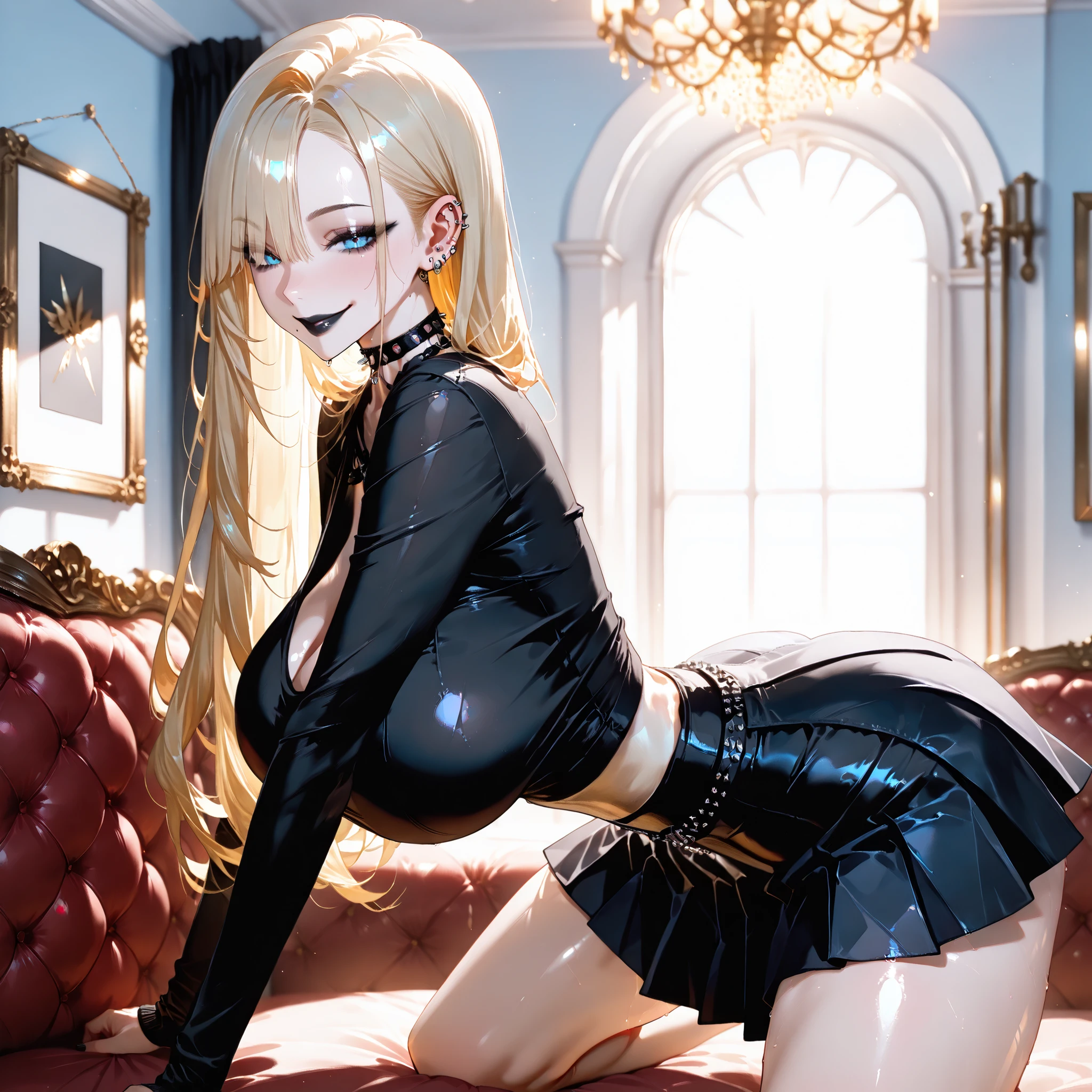 (SuperQuality:1.0) ~ (SuperQuality:1.2), detailxl, 1girl, Solo, High Resolution, Best Quality, High Details, Super Detailed, Piercings, Large Breast, Goth, indoors, Blonde, long hair, Blue Eyes, Black Lips, Seductive Smile, Choker, Black Shirt, skirt kneeling with spread legs, side view, looking at viewer, close up,