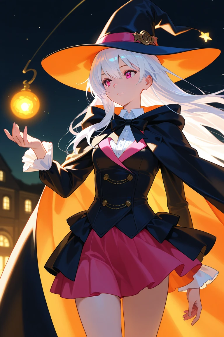 1 witch cute girl, character focus , from below, fantasy , ((ghost)), (jack-o-lantern) ,floating skirt, (pantyhose) ,((panty shot)),smile, silver hair ,pale pink eyes,high resolution,(incredibly absurdres),anime visual,extremely detailed CG unity 8k wallpaper, ((masterpiece)), ((top-quality)), (beautiful illustration), ((an extremely delicate and beautiful))