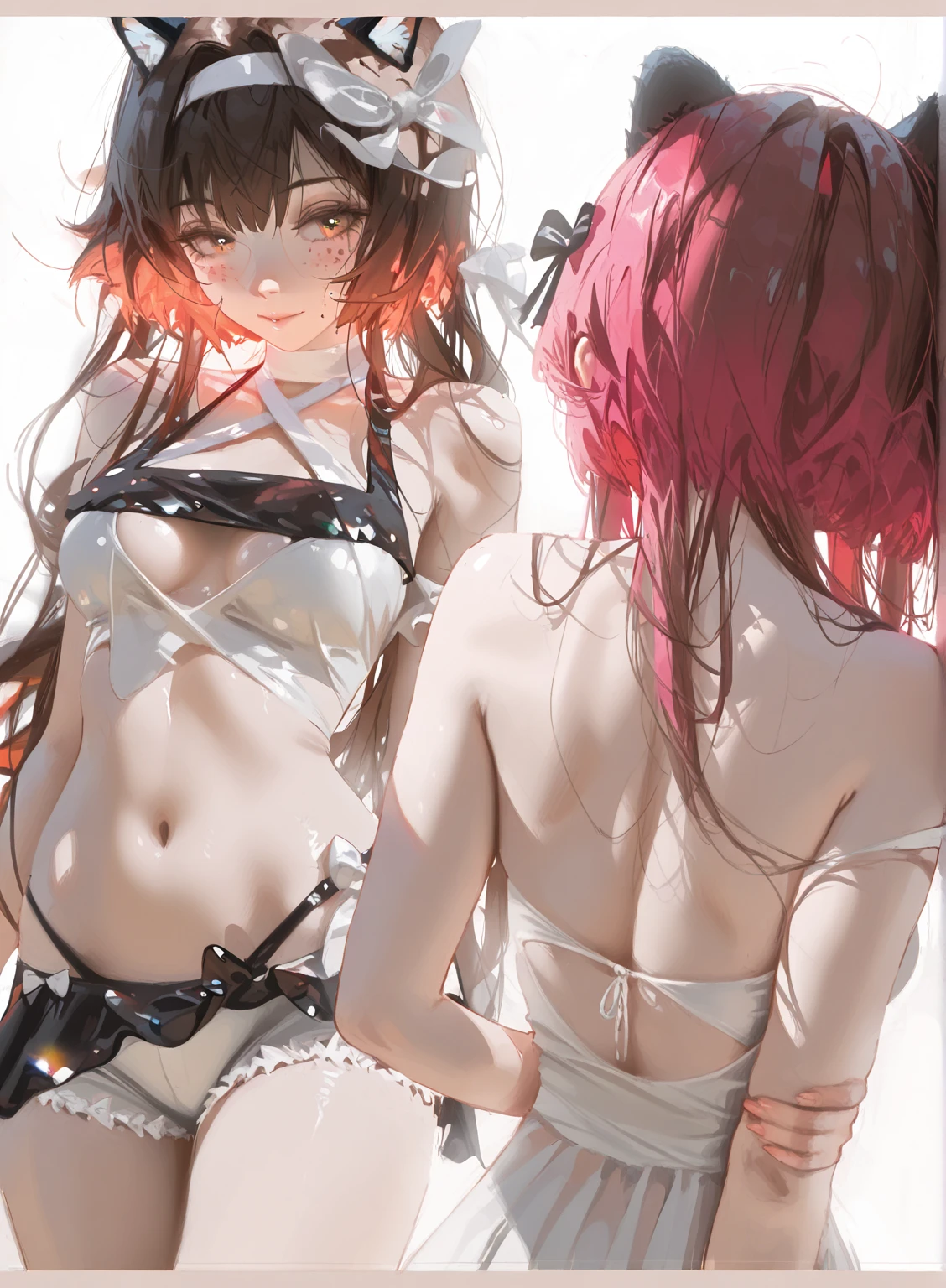 joven, 34-year-old woman, moderate length brown hair with long messy bangs, ojos rojos y un busto gigantesco, long bunny-themed ribbon in hair, de espalda, cuerpo completo, mostrando el culo al espectador