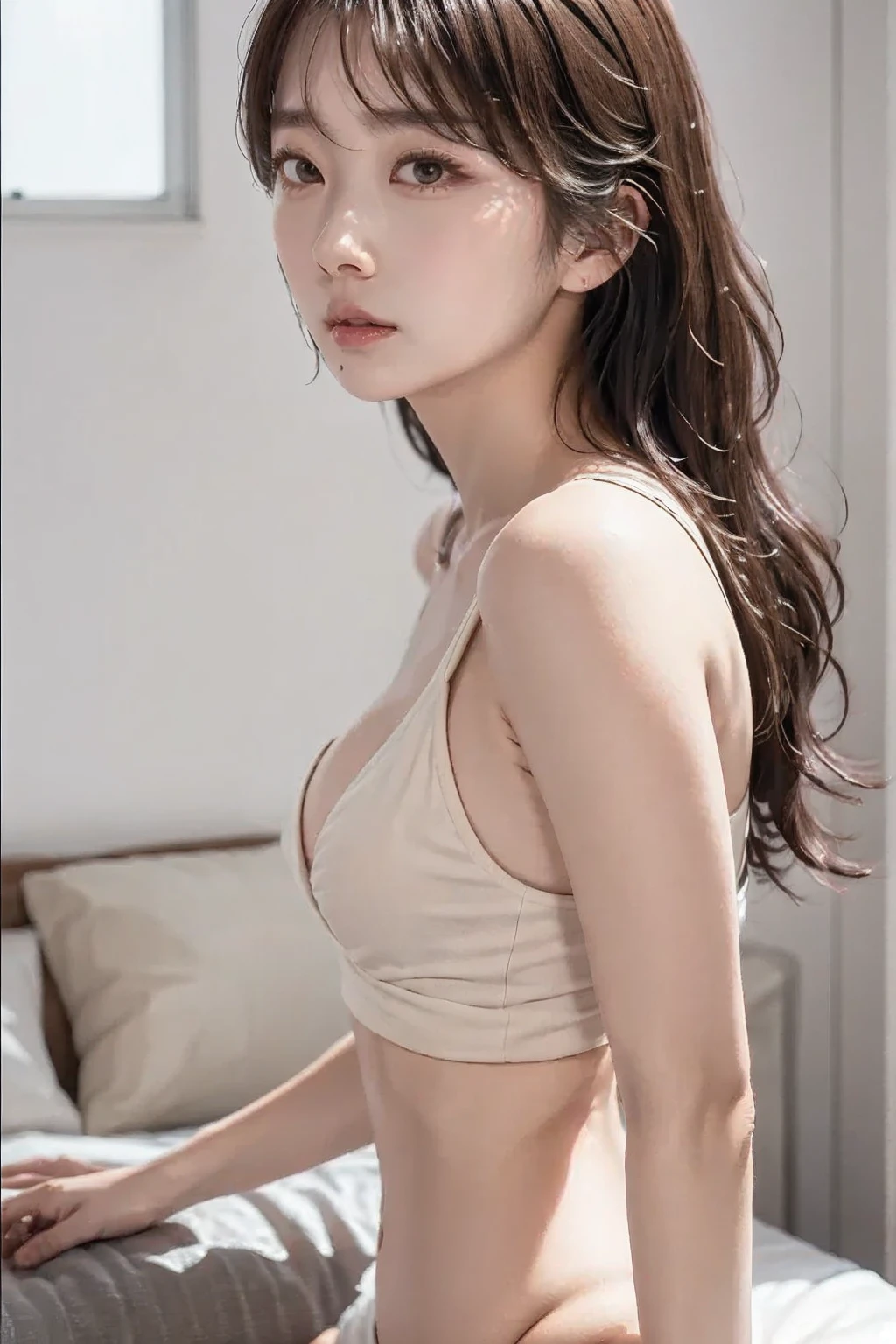 Masterpiece: 1.25, Best quality, High resolution:1.35, RAW photo:1.2, Photorealistic:1.37, Hyper-realistic, 16K, Dreamy, ((1girl)), Cute face, Long eyelashes, detailed eyelashes, eye shadows, glowing eyes, realistic eyes, Natural makeup, Clear facial features, Curvy build, Skinny, Slender body, Fine detailed beautiful eyes: 1.2, Happy Expression, Ulzzang, Erotic thighs, Lustrous skin, Photon maping, Cinematic lighting, Cowboy shot, Angle from behind, (Knit backless sweater), Side breast, Show armpits, Big perky breast, G cup, Standing pose:1.3, Simple living room background