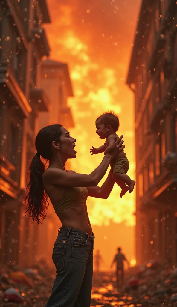Très belle femme à la beautée envoûtante, elle a des longs cheveux blond, et des beaux yeux bleus, elle porte un jean bleu et un t-shirt blanc, elle vole dans l'air, elle tient un bébé dans ses bras, elle regarde le bébé en souriant, dernier elle, il y a un immeuble en flamme.