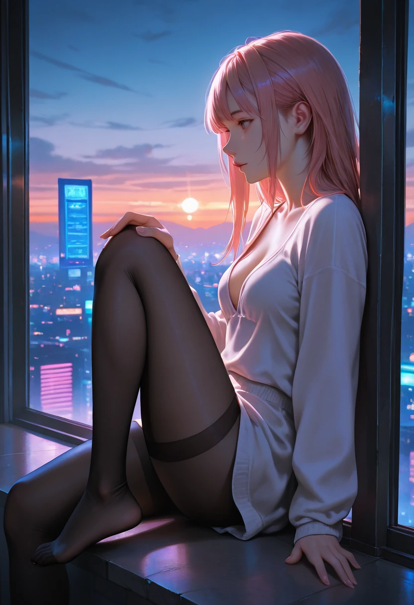 A sexy girl is working on a computer at home. Outside the window is a night city.
