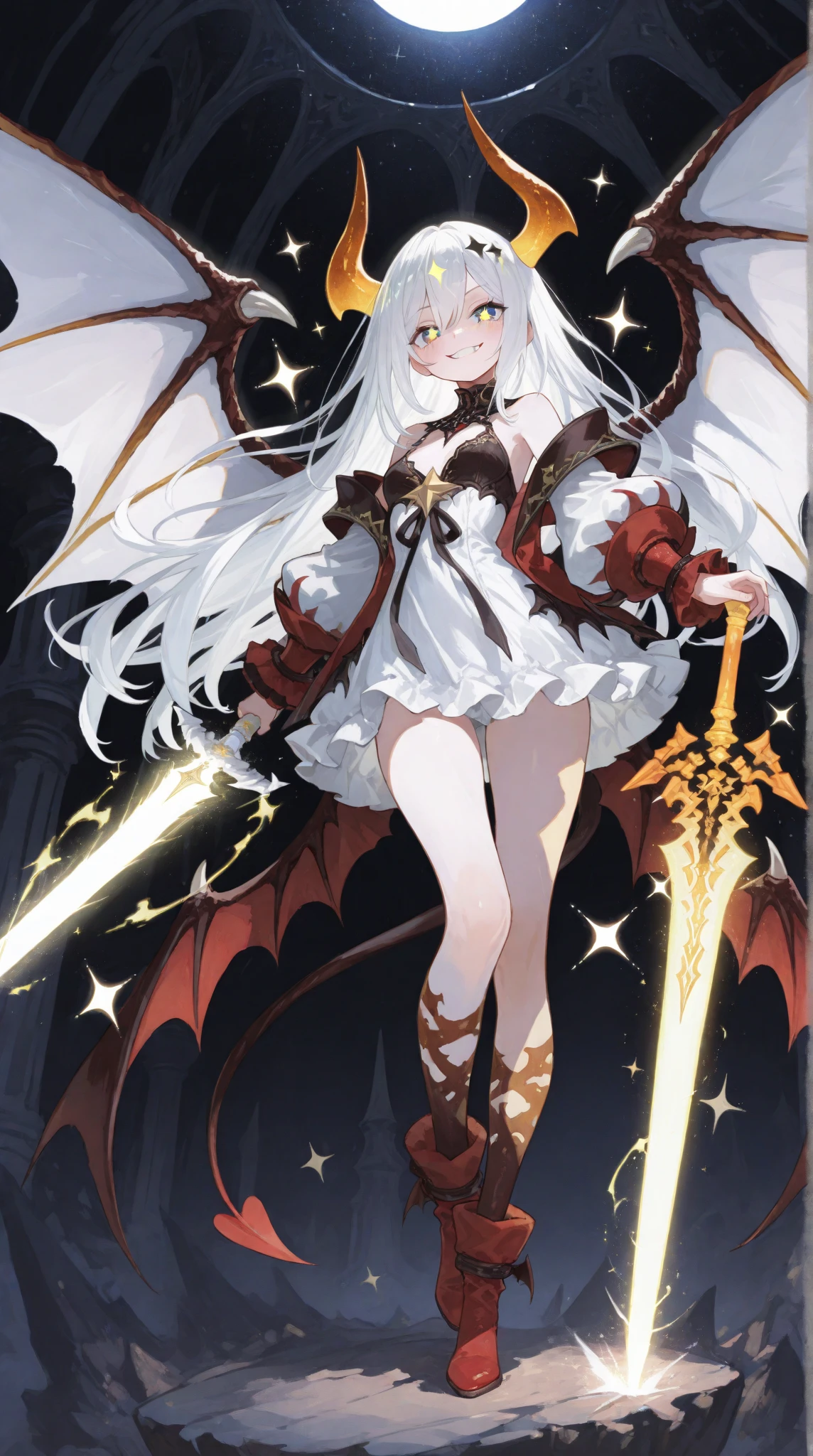 fantasy, 1devil_girl, low_teen, platina_blond_curly_hair,long_bangs,bare_shoulder, navel out, thighhighs,silver_armor, white_wears,waist_armor, long_Glebe, hold_swords, medium_breasts, dynamic_flying_pose, magical_effects,,(pelvic_curtain:1.3), silver_Headgear ,looking_down_at_sunrise_city_sky_background,,slightly_spread_legs, ,solo,horn ,smile,,open_legs,open_arms,rise_knee,rise_leg,rise_thigh,rise_leg,forward_leaning_posture,apart_legs,