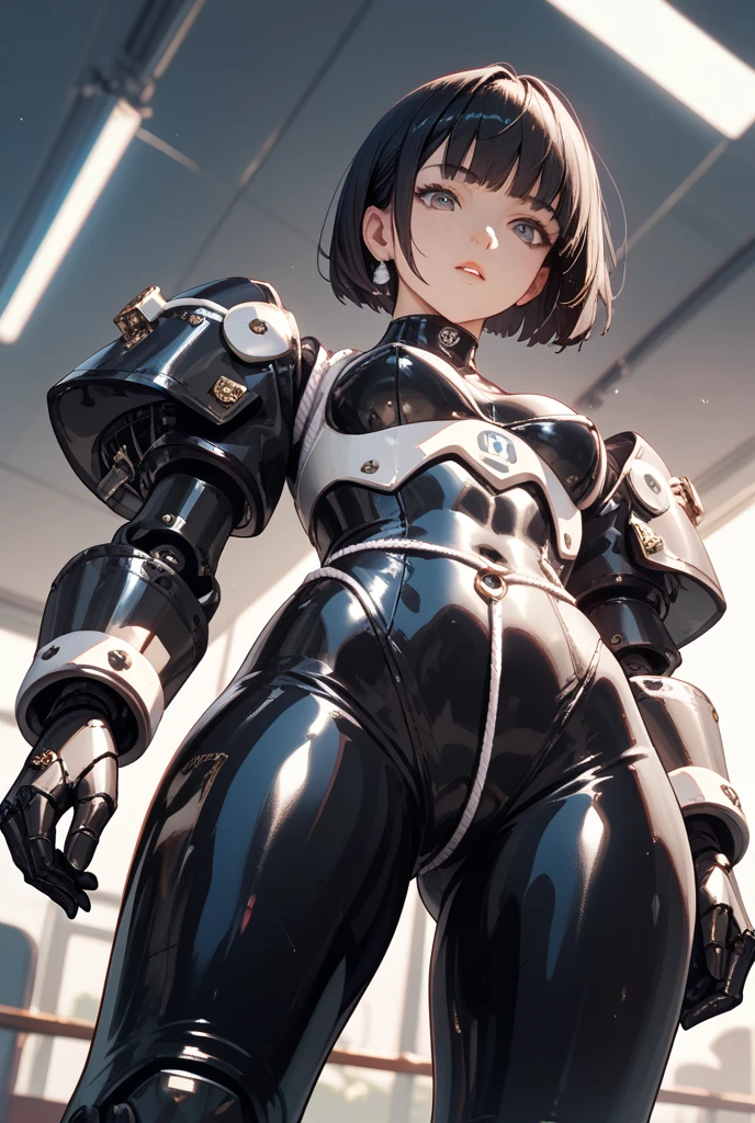 solo, mature, 1girl, upper body, short hair, seductive smirk, black hair, arms_at_sides, double_bun, contrapposto, (toned:0.4),
mechanical parts, robot joints, (silver latex:silver armor:0.8), mecha musume,
<lyco:GreenuCorm-LyCoris-V1:1.0>