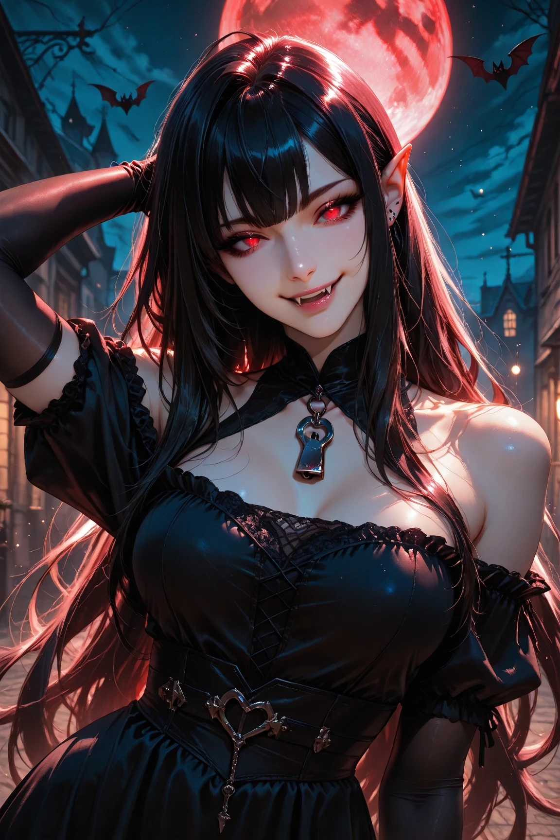 (((masterpiece))), better quality, fairytale portrait, beautiful young woman with black hair and red eyes with blood running down her mouth in a slight smile, halloween night, wet night weather, wet clothes and a sensual neckline.