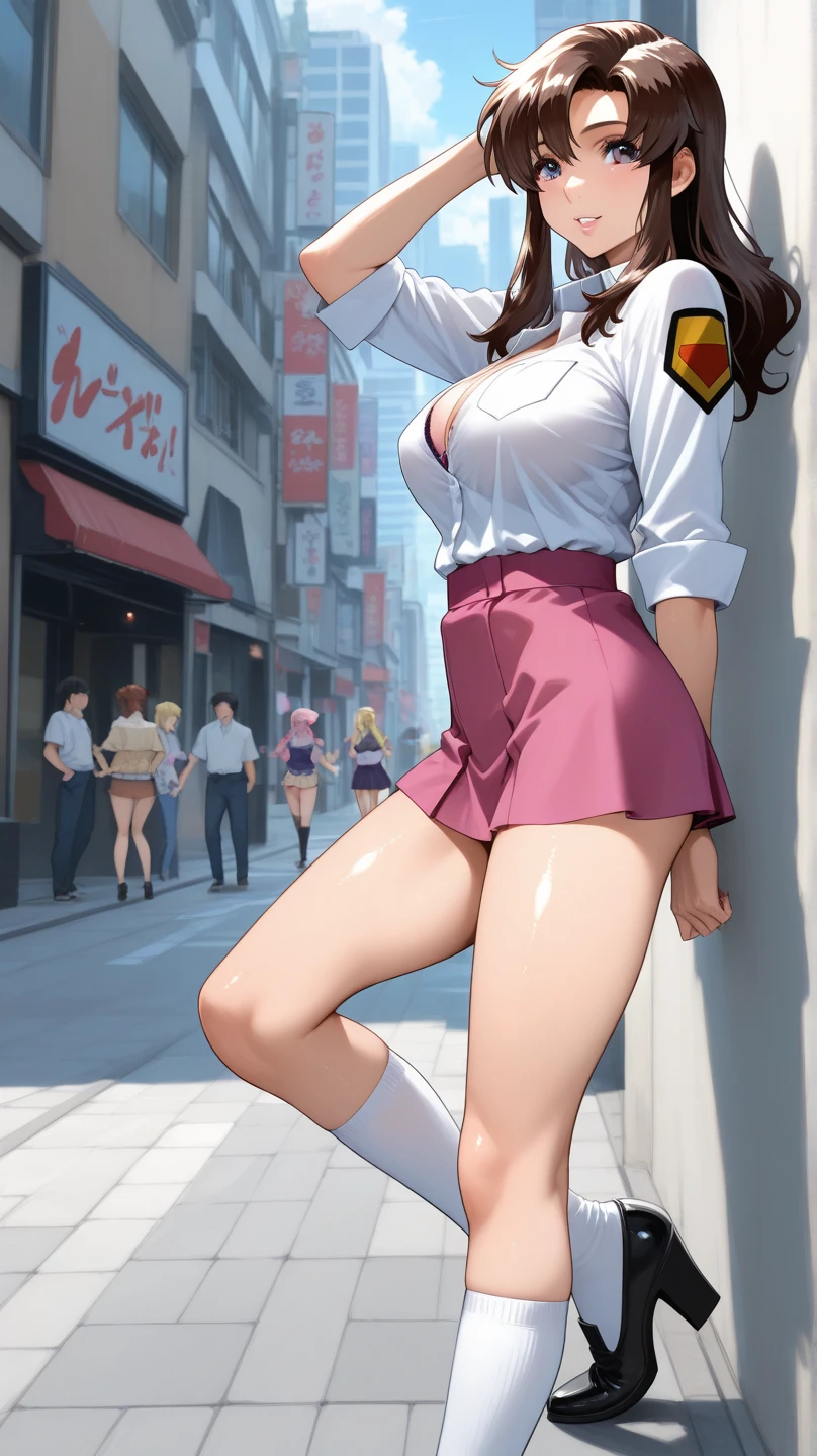 CG, upskirt view, legs together, perfect atwork, peeing, peeing herself, her own urine is trickling down her legs, perfect female figure, Aerith Gainsborough, holding small flower basket, peeing down her legs, green eyes, surrounded by other people, standing in very busy midgar city street, sunny, choker, cropped jacket, hair bow, bracelet, long pink dress, brown ankle boots, looking down nervously, shy, embarrassed, aroused, shocked, panicking, worried, outdoors, a small puddle of her own urine is forming around her feet on the dry ground, very desperate to pee, wetting herself, urination, high detail, Realism, Hyperrealism, three sided view, ccurate, masterpiece, highres, UHD, anatomically correct, super detail, best quality, highres, 8k