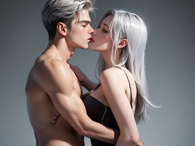 A guy with white hair, shirtless, closed eyes, kissing a girl with long black hair, closed eyes, detailed,