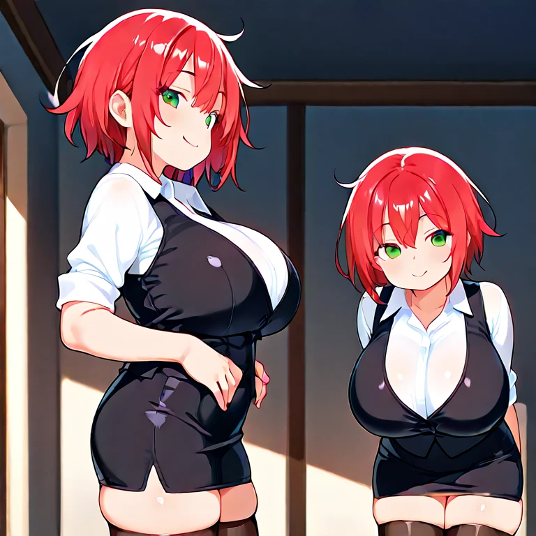2 heads, a short pudgy woman with 2 heads. In a bedroom. Wearing lingerie. Neon hair. Mature. Happy, smiling. Thin face. Sexy, seductive. Big lips. Adorable. Girlfriend. Happy. Shortstack, midget. Extremely short, tiny. Huge thighs, enormous butt. Blushing. Gigantic butt.