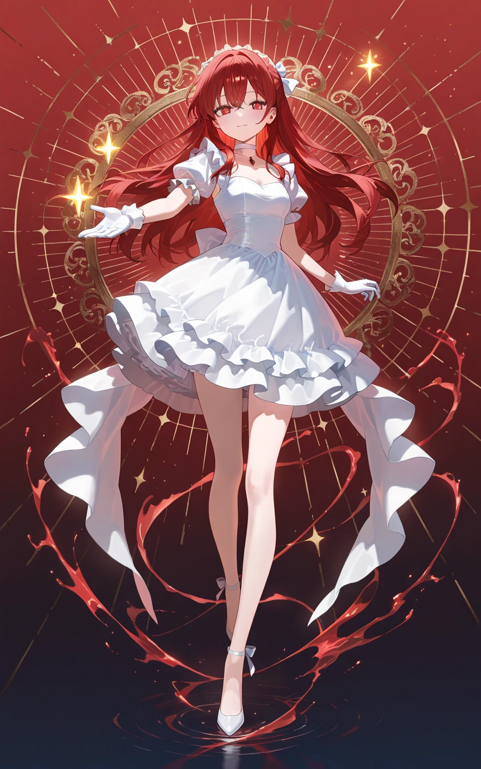Amy wears a red sleeveless and backless dress with two white trims and a white petticoat underneath, tall red boots with a white stripe down the center, white cuffs and gray soles, a red hairband, and white wrist-length gloves with gold bracelets for cuffs. SPARKLE; GLITTER