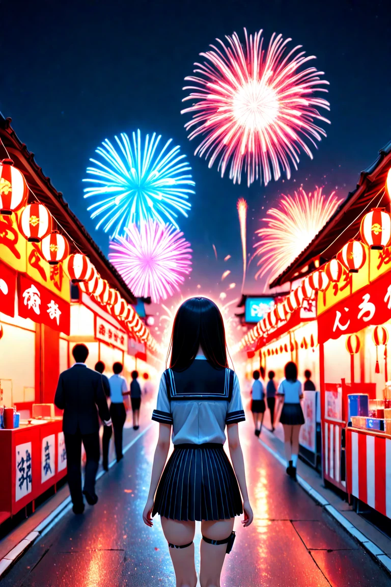 FireWorks, pretty, festival, dress, bonito, adorable, sweet, stand, nice, miniskirt, anime, beauty, anime girl, scenery, long hair, light, night, look, female, lovely, skirt, blouse, sky, cute, kawaii, girl, dark, standing, looking, scene, tight clothing, torn clothes, thigh straps, bruised body, bloody wounds, tired face, dark angry eyes. The level of detail is inspiring, with intricate elements meticulously crafted, volumetric effects adding depth and dimension, and the photorealism is unmatched. The image is rendered in 8K resolution, ensuring ultra-detailed images. Volumetric rays add a touch of magic, highlighting their beauty and aura in a supernatural way. High dynamic range (HDR-10) technology makes the nuclei stand out, adding richness to the overall composition. fireworkart, school uniform, detailxl, FirstNoelPXL, striped skirt
