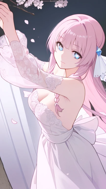 1 girl(masterpiece,top quality,best quality,official art,Beauty and aesthetics:1.2),(Pick and dye your hair,Pick dyeing,The main body is black,The dyed part is white,pink and purple:1.2),very big ,Very large breasts(full),,Raised sexy,Attractions,female office worker,White lace bra,white stockings,Bare back,back tattoo,Wedding dress,veil,facing away