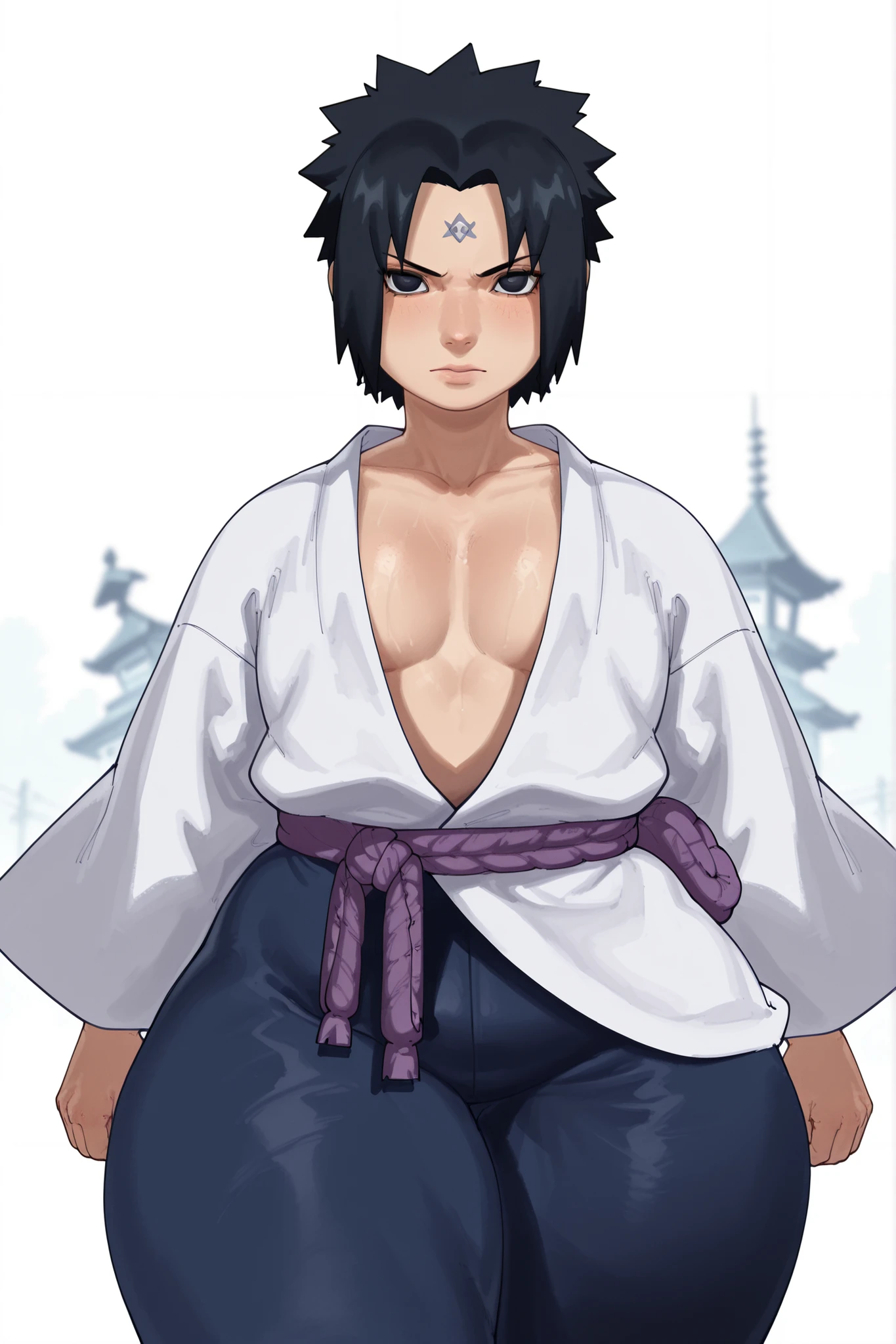 (yoneyama mai:0.8),(watercolor art),realistic,(anime lines:0.7), score_10_up, score_10, score_9_up, score_9, materpiece,amazing quality, high quality,best quality, very awa, highres, absurdres,uncensored,very aesthetic, gritty aesthetic, hand-drawn, manga, dynamic shading, textured hair, BREAK,
1man, solo, femboy focus, Sasuke Uchiha, Sasuke Uchiha (Naruto), SasukeSXL, black eyes, black hair, short hair, spiked hair, parted bangs, pectorals, collarbone, open kimono, japanese clothes, white kimono, long sleeves, (sash), purple rope belt, blue pants, serious expression, wide hips, no breasts, doughy thighs, bubble butt, thick thighs, ass focus, standing, cinematic shot, cowboy shot, dynamic pose, dynamic shot, blank background, looking at viewer, facing viewer, white background
BREAK, detailed illustration, detailed background, detailed eyes,depth of field,
materpiece,amazing quality, high quality,best quality, very awa,very aesthetic,