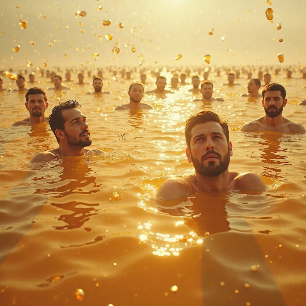 Lots of men and women swimming in a giant plate of couscous. Realistic.