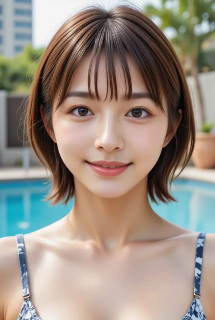 Highest quality, masterpiece, Ultra-high resolution, (Realistic:1.4), Beautiful woman, ((Big Breasts:1.3)), (((Short Bob))), (((Brown ash))), Beautiful Skin, Fine skin, 魅惑的なsmile, Background blur, smile, Hair over the ears, beautiful girl, Fair skin, Voluptuous, Plump body, (Highest quality、Tabletop、8K、Best image quality、Award-winning works)、1 female、(short hair:1.1)、(Baby Face:1.2)、最大のsmileが私を見て、(Big Breasts:1.2)、Exactly、(Accentuate your body lines:1.2)、Low length、(Glamorous Body:1.2)、(Chubby body type:1.2)、優雅で美しい窓辺にStanding Elegantly.、(Standing Elegantly:1.2)、Natural Makeup、Ultra-high definition beauty face、Ultra HD Hair、Ultra-high definition sparkling eyes、(Ultra-high resolutionの光沢の肌:1.1)、Ultra-high quality glossy lips、(Accurate ???????:1.1)、(very bright and vivid:1.4)、(Bright and beautiful skin:1.4)、Swimwear