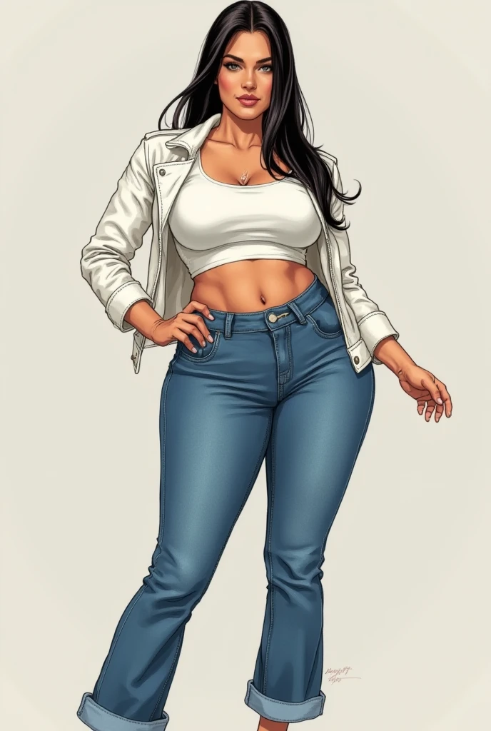 (Masterpiece), (Best quality: 1.2), absurd and intricate details (Highly detailed skin: 1.2), ((huge breasts)) 1 girl, , very short and messy black hair, ((dark skin)), sexy pose , sleeveless t-shirt with straps showing the abdomen, jeans miniskirt, high boots, earrings and hoop. necklace, bracelets, smile, sexy pose ((standing full body, white background, character sheet))