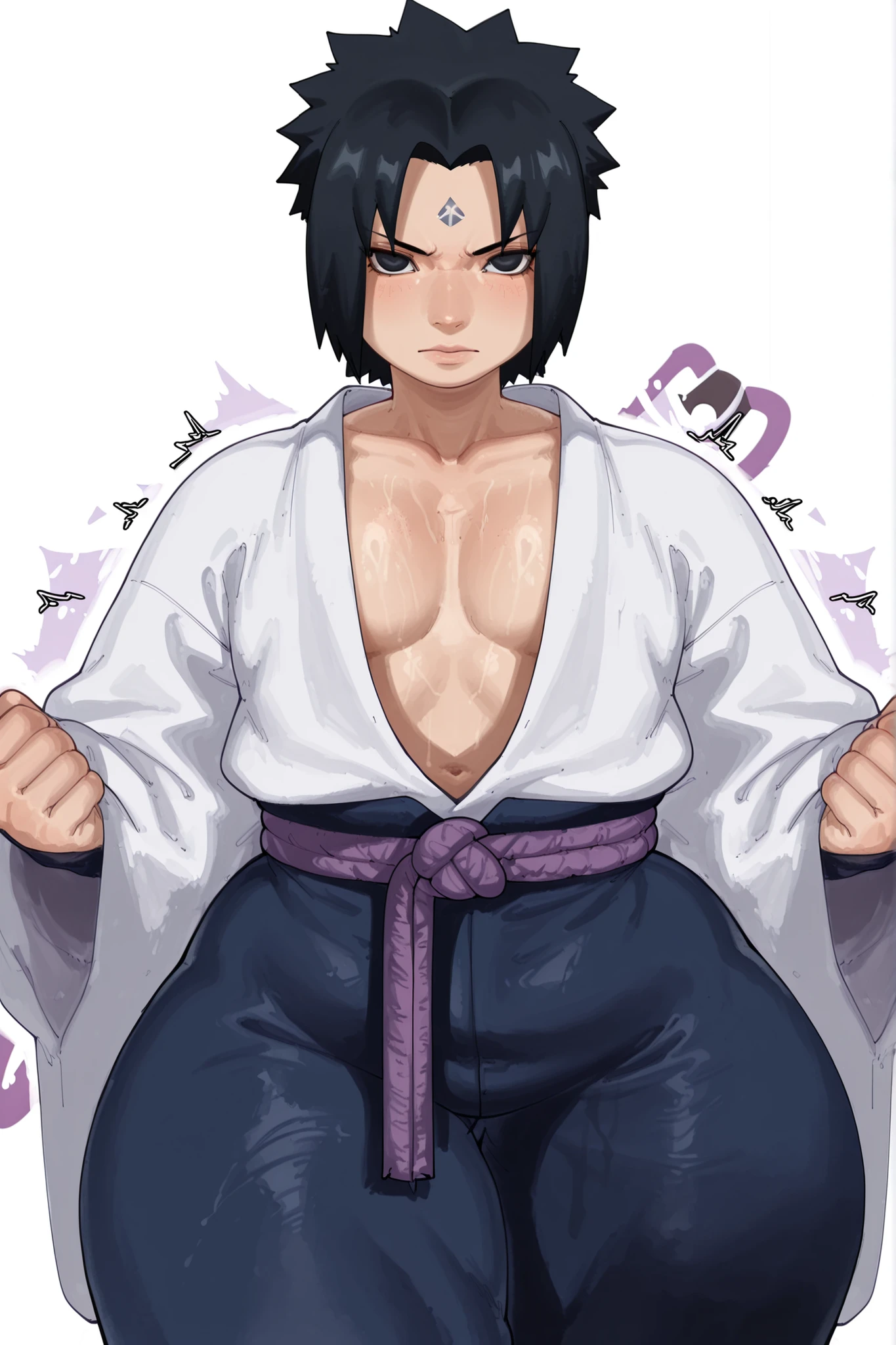 (yoneyama mai:0.8),(watercolor art),realistic,(anime lines:0.7), score_10_up, score_10, score_9_up, score_9, materpiece,amazing quality, high quality,best quality, very awa, highres, absurdres,uncensored,very aesthetic, gritty aesthetic, hand-drawn, manga, dynamic shading, textured hair, BREAK,
1man, solo, femboy focus, Sasuke Uchiha, Sasuke Uchiha (Naruto), SasukeSXL, black eyes, black hair, short hair, spiked hair, parted bangs, pectorals, collarbone, open kimono, japanese clothes, white kimono, long sleeves, (sash), purple rope belt, blue pants, serious expression, wide hips, no breasts, doughy thighs, bubble butt, thick thighs, ass focus, standing, cinematic shot, cowboy shot, dynamic pose, dynamic shot, blank background, looking at viewer, facing viewer, white background
BREAK, detailed illustration, detailed background, detailed eyes,depth of field,
materpiece,amazing quality, high quality,best quality, very awa,very aesthetic,