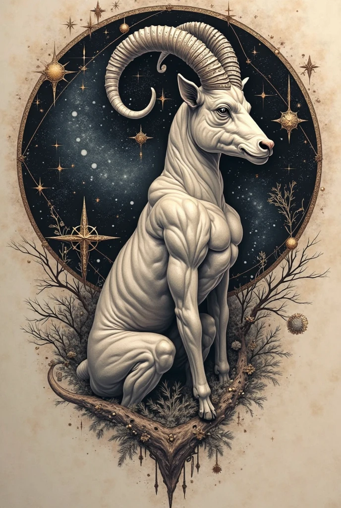 19-year-old handsome faun male with short hair, a short goat beard and horns, goat legs instead of his own. whole character. behind him on a white background is the constellation of Capricorn. coloring page style, only black outlines, no shadows and no shades