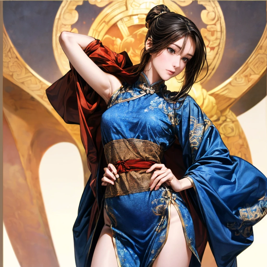 ((a wide angle shot, seen from forward)1.3), upperbody of a woman with a big breast posing for a picture, ((sexy pose at the camera):1.4)), gorgeous chinese girl, ((chun li likeness):1.4), young and cute girl, detailed face, naughty looks, droopy breast,  18 years old, ((wearing blue qipao long dress with gold pattern,  bottomless, exposed thigh):1.43), highly realistic. live cam, sexy hot body, busty posture, bun black hair with bangs, chinese nymph goddess, (mythical dragon:1.3) background, photon mapping, cinematic lighting, perfect composition,