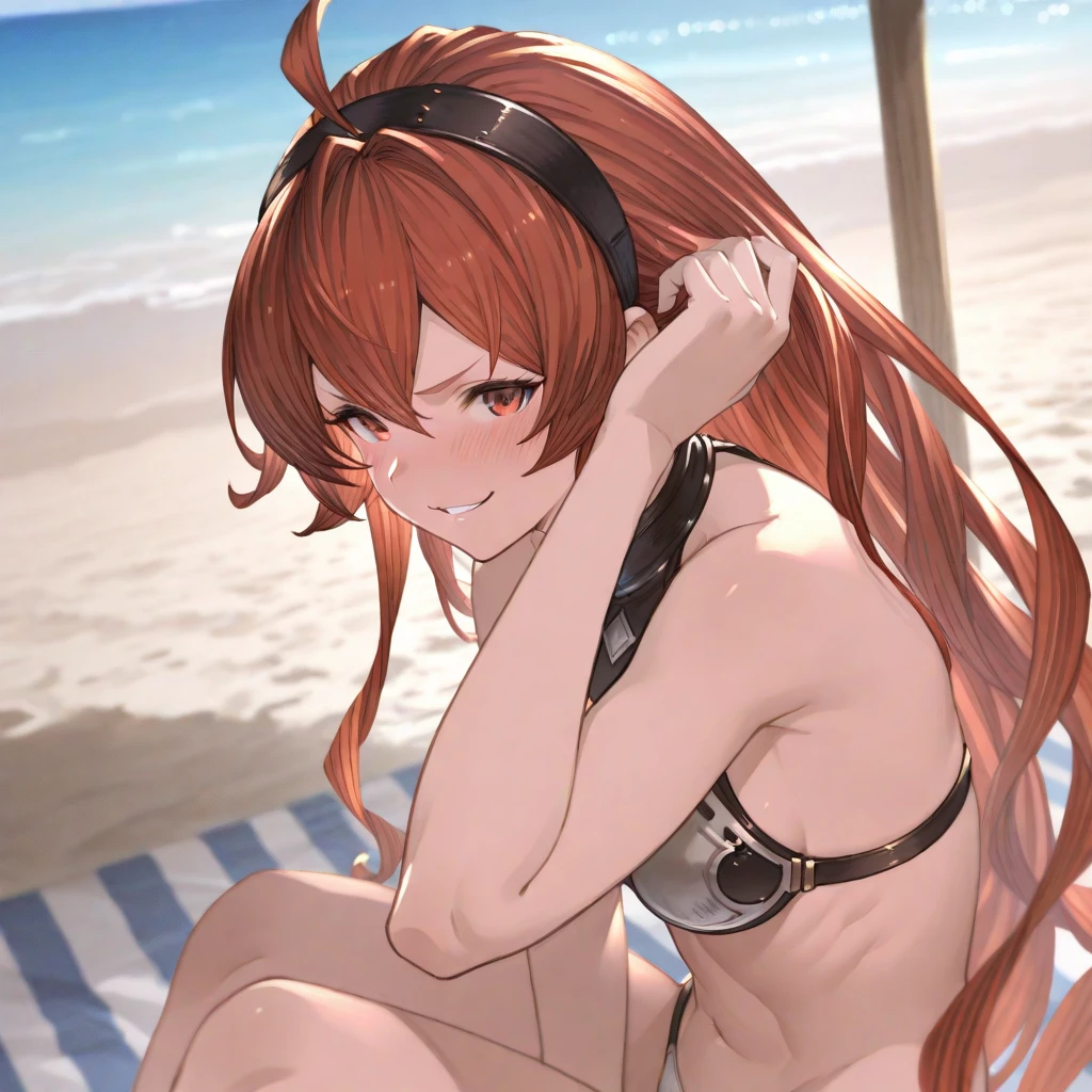 icm-rin, white swimsuit, yellow eyes, brown hair, ahoge, long hair, ponytail, brown eyes, collarbone, medium breasts, full body, solo, 1girl, highres, high quality, masterpiece, many details, outdoors <lora:icm-rin-000003:0.9>