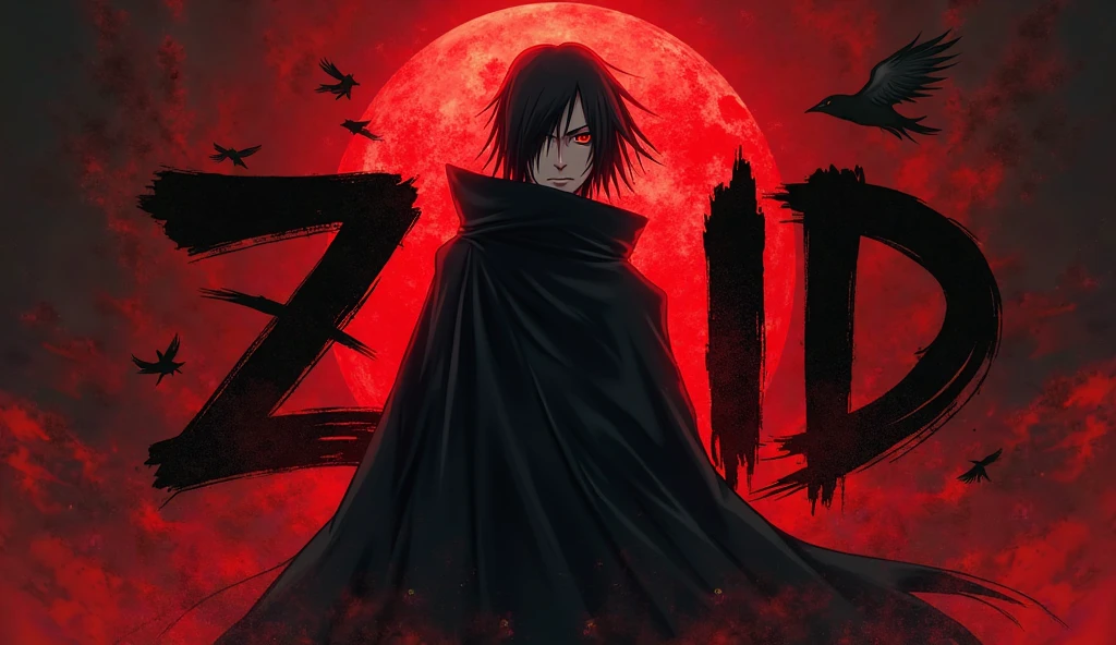Asian vampire boy with red eyes and black hair, body with tattoos