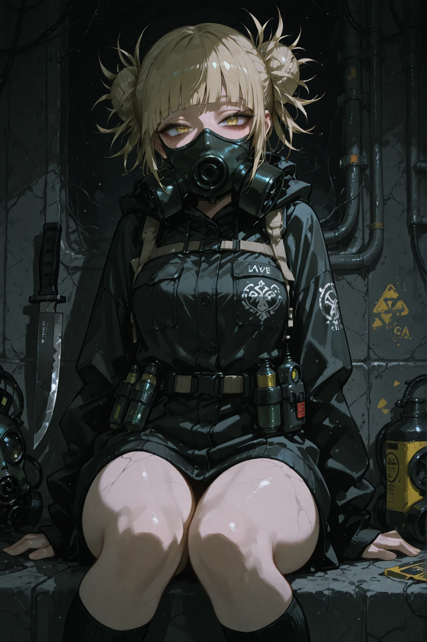 survival knife、bad smile、Toga Himiko、Tōga-chan 、Dark Atmosphere、Gas mask、thighs