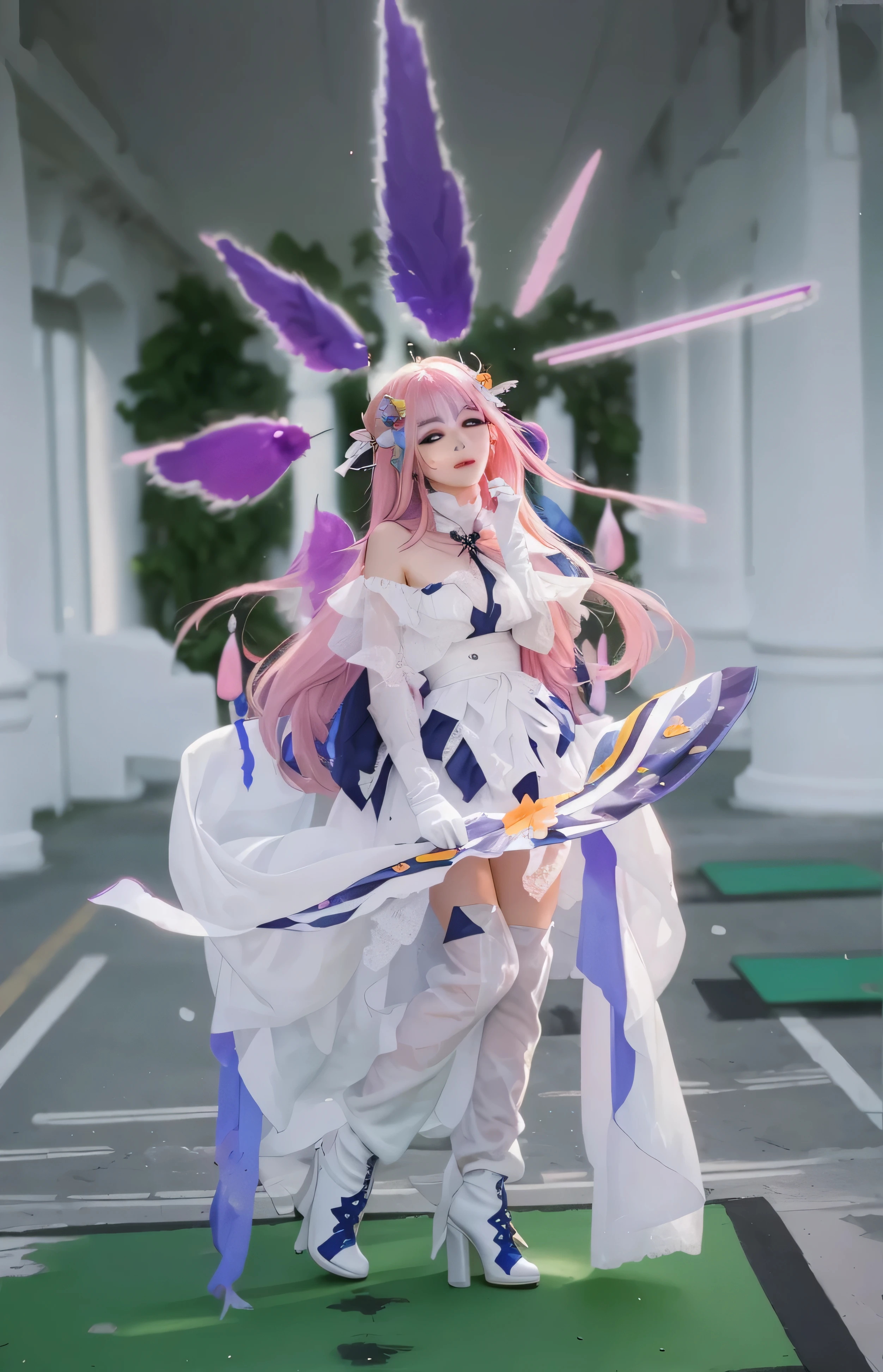 ((ELYSIA_HONKAI IMPACT 3RD)),((realistic, photorealistic)),(highlight hair)), Light reflection, (( HD )),((upper body)), (((best quality, masterpiece))), (masterpiece) (best quality) (detail) (8k) (HDR) (wallpaper) (cinematic lighting) (sharp focuasterpiece, best quality: 1.1), Real life adaption of this character, realistic outfit, realistic shadow, realistic light, realism, hyper realistic, realistic background,realistic hair,(photorealistic:1.2), (masterpiece: 1.2), (best quality: 1.3), (clear details: 1.3), ((((ultra-detailed)))), ((detailed eyes)), (extremely detailed face:1.4), (highly detailed eyelash:1.6), 1girl, (Realistic painting style:0.9), masterpiece, best quality, absurdres, looking at viewer, solo, high detail skin,high detail eyes,high detail hair,highres,ultra detailed,Highly detailed,masterpiece,best quality,
ASCII score_9,score_8_up,score_7_up,
Honkai_ALXY_RL,1girl,solo,purple eyes,long hair,pink hair,white gloves,looking at viewer,bangs,bare shoulders,smile,closed mouth,white dress,hair ornament,breasts,pointy ears,standing,elf,front view,cowboy_shot,score_9, score_8_up, score_7_up, score_6_up, ElysiaHOH, 1girl, pink hair, 1girl, bare shoulders, border, breasts, gloves, hair between eyes, long hair, looking at viewer, one eye closed, pink eyes, pink hair, purple background, shirt, short sleeves, triquetra, upper body, very long hair, white border, white gloves, white shirt, white veil