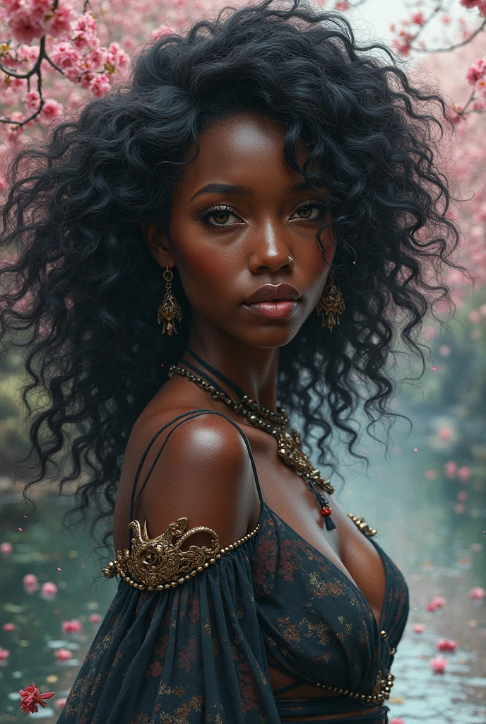 hazy dnd rpg style full body high detail fantasy portrait oil painting illustration of a mysterious quiet powerful rude young  beautiful mean looking away quiet mystery beautiful indian arab exotic caramel brown skinned woman face, in a beautiful scenic background, almond purple eyes, straight extremely curly 3c curly long black ebony  hair, acotar fae , high quality, sombre mood, muted colours, entire person visible! , dainty face dreamy ethereal sexy short silk black dress sexy big breasts mysterious  long straight hair dreamy ethereal dark aesthetic 