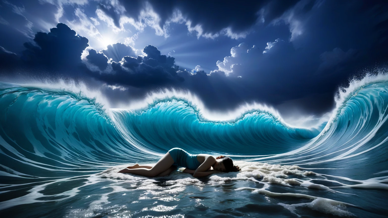 Wave dragging a drowned girl to the shore with few tattoos on her arms and legs pencil drawing lying down