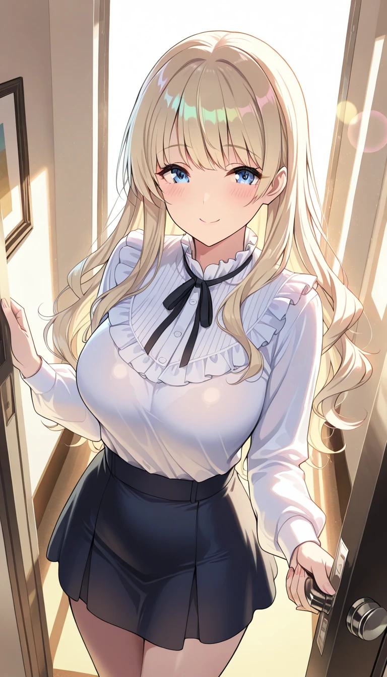 young girl, longue blonde hair, white eyes, Smile, translucent blouse, Upskirt, ssmile, Masterpiece, hiquality, 4k, HD, Good detail