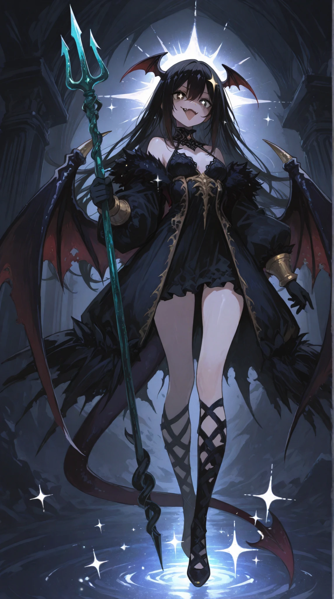 (masterpiece), detailed, dynamic pose, (full body), magiabaiser
short hair, black hair, ahoge, bangs, hair between eyes, demon horns, yellow eyes, symbol-shaped pupils, wings
corset, long pants, lowleg pants, puffy sleeves, navel, star pasties