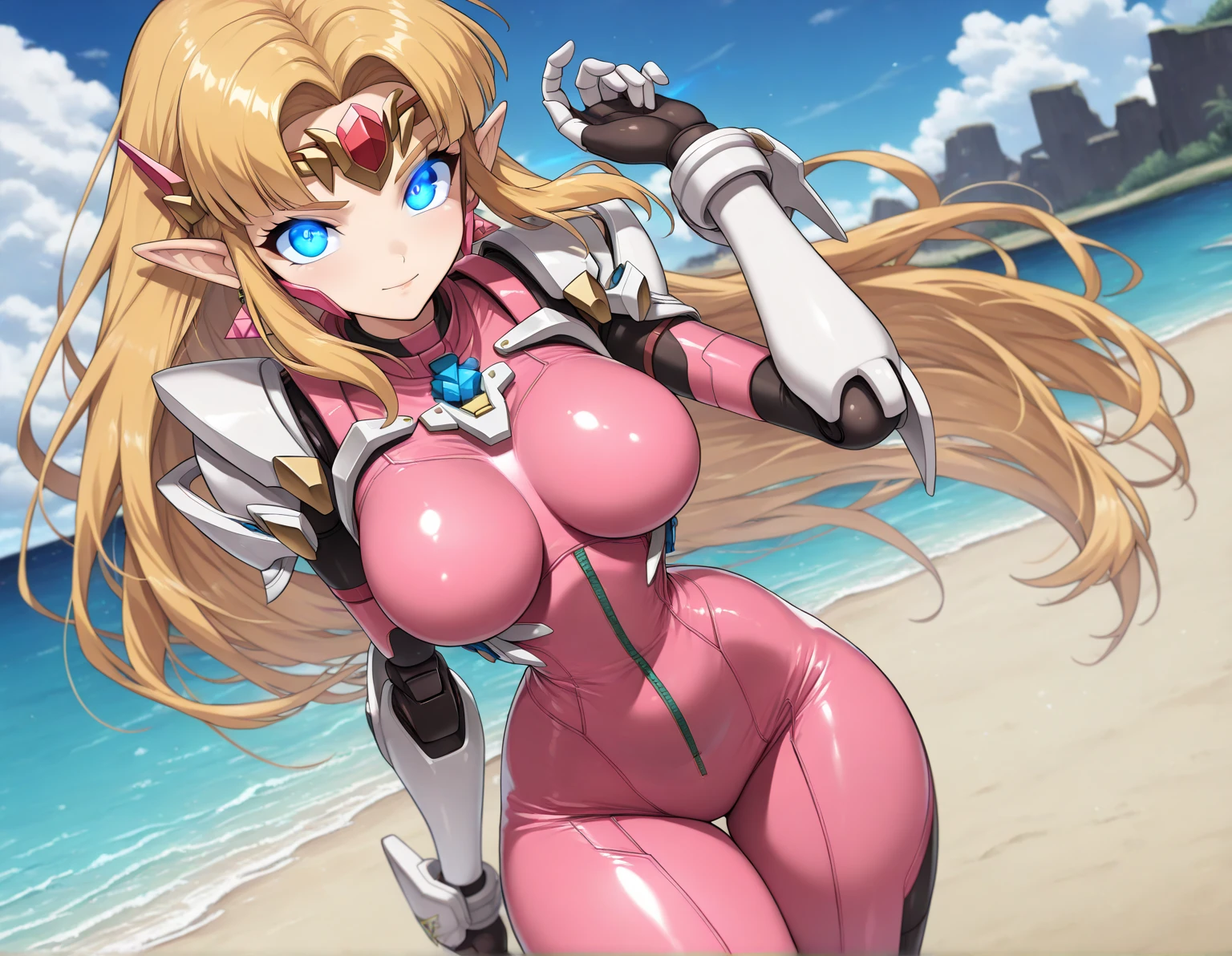 ((Highest quality)), ((masterpiece)), (detailed), (Perfect Face)、The woman is Princess Leona, a Sentai heroine with long light brown hair, wearing a shiny pink bodysuit and a full-face Sentai heroine helmet.