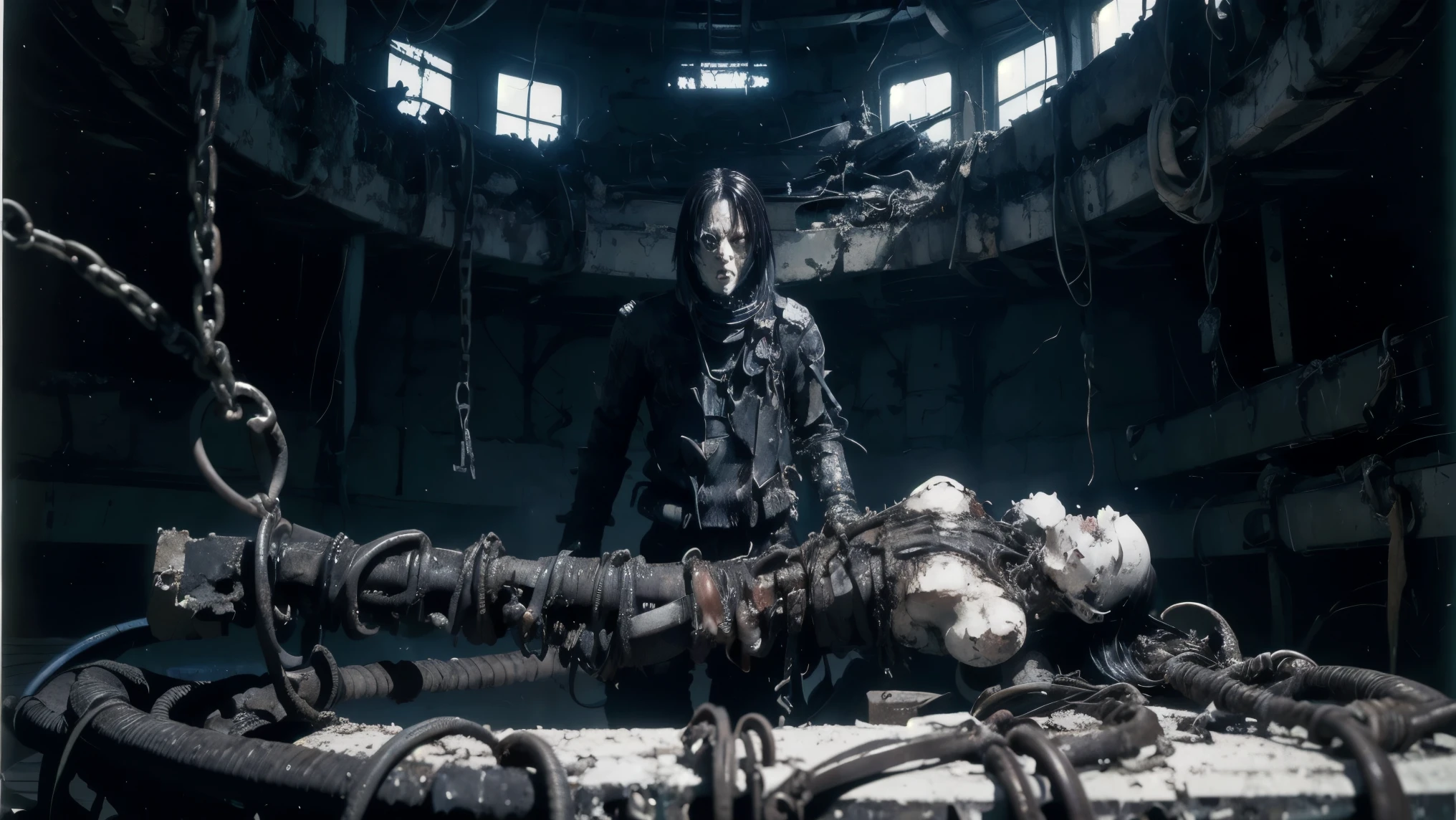 a disturbing biomechanical female figure with only her upper body remaining, suspended in a dim, surreal industrial space. Her limbs are crucified in a cross shape using metal rods and binding devices. Her distorted face reveals an internal metallic skull structure, with exposed teeth and hollow eye sockets filled with invasive cybernetic implants. Long messy hair partially covers her fractured head. Several industrial metal chunks and bolts are deeply embedded in her cranium. Thick wires and cables pierce through her chest and limbs, tearing open the skin to expose a mechanical core. Fluids drip and decaying flesh intertwines with machine parts. Surrounding her are hanging cables and decayed pipelines. The scene is drawn in a high-contrast black-and-white ink illustration style, evoking a grotesque cyberpunk horror aesthetic, inspired by Tsutomu Nihei’s *BLAME!*, with visceral manga rendering, a nightmarish and tragic expression, and a mechanized crucifixion setting.
