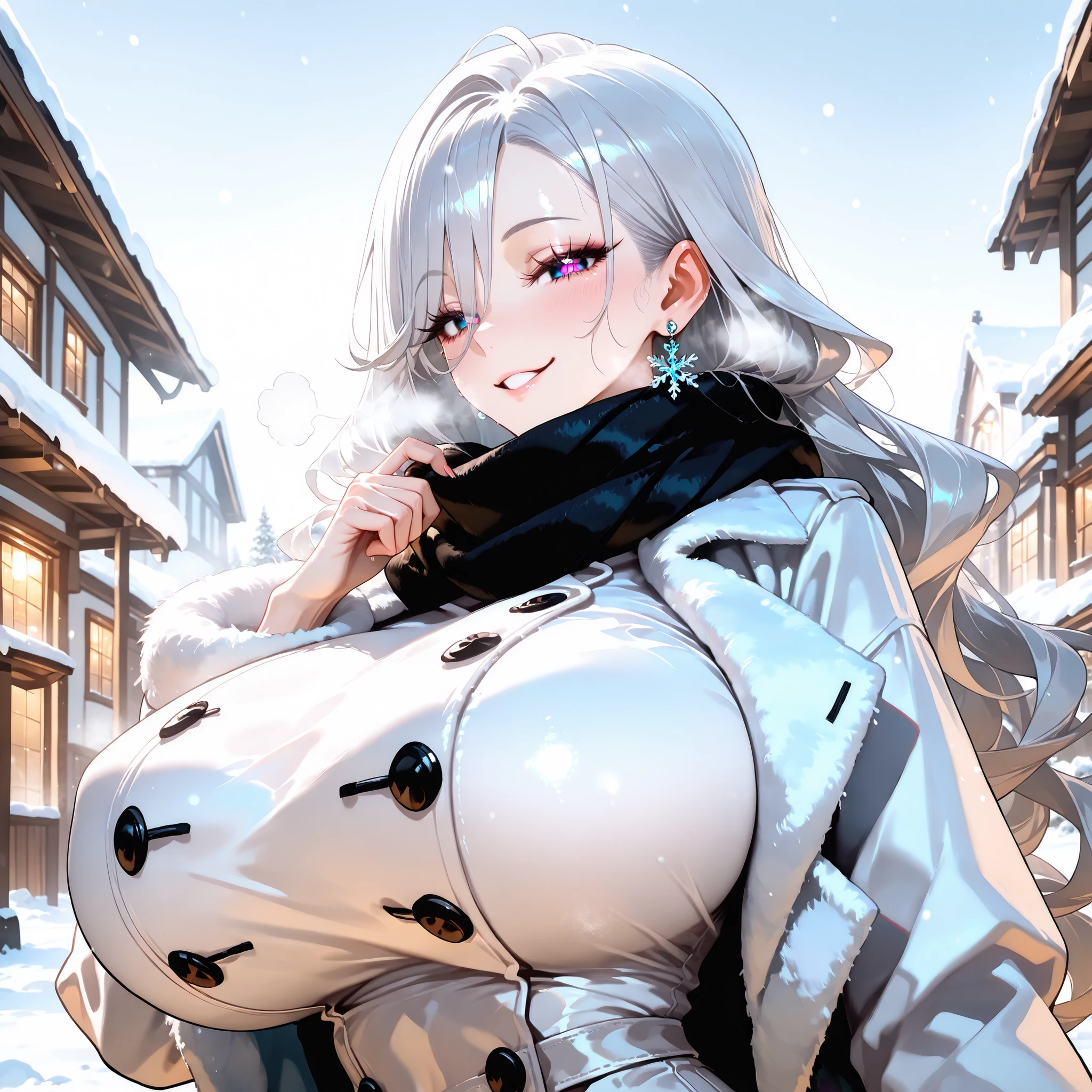 (SuperQuality:1.0) ~ (SuperQuality:1.2), detailxl, 1girl, Solo, High Resolution, Best Quality, High Details, Super Detailed, Earrings, Large Breast, snow, outdoors, silver hair, long hair, wavy hair, puple Eyes, long eyelashes, fur coat, black scarf, seductive smile, breath, looking at viewer, view from below, side view, close up,