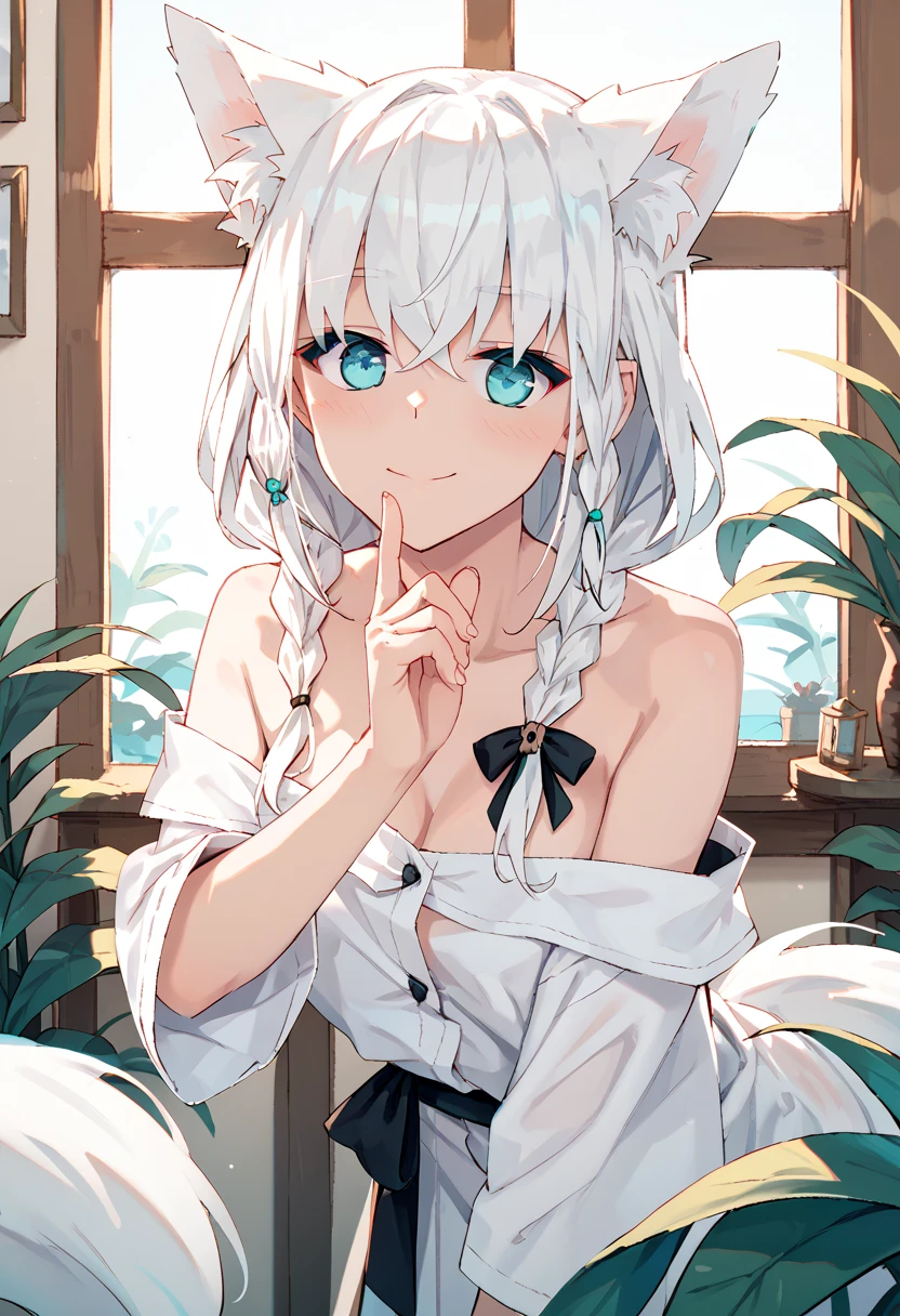 {{{shirakami_fubuki}}}, fox girl, white hair,braid, ahoge, animal ear fluff, aqua eyes, black ribbon, white shirt, off shoulder