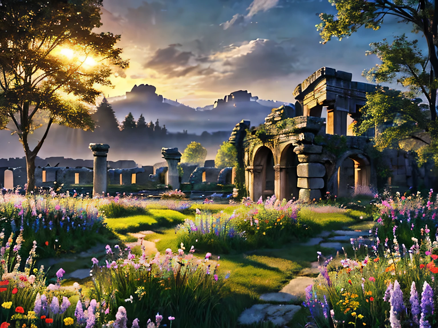 Heartgrove (Seat of House Elun’theril)
Hyper realistic fantasy landscape, enchanted meadow, ancient ruins, crystal grove, glowing flower fields, giant sacred tree, ambient lighting, glowing cave walls, warm tones, soft lighting, detailed_outfit, detailed_flowers, intricate nature, magical aura, parchment texture, medium shot, eye level, concept art, watercolor look