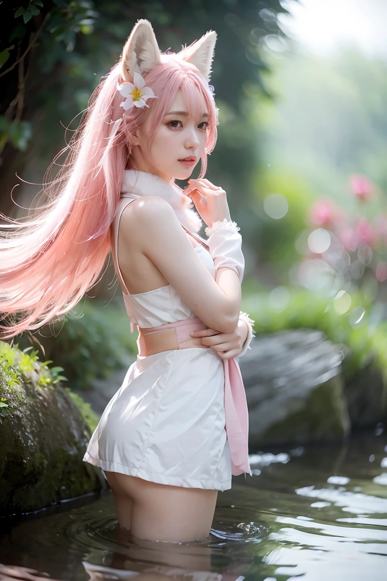 Nine snow-white fox tails (1.0), Milky white fox tail (1.0), Close-up of the nine-tailed fox, nine tails, nine tails, 动漫girl，pink hair，pink dress，flowers on hair, very 美丽的动漫狐狸girl, 美丽的动漫狐狸girl, Beautiful fantasy anime, guweiz, 狐狸耳朵的动漫girl, 美丽的动漫girl, 非常美丽可爱的狐狸girl, pink flower rain, facing forward, jump, spread your legs,shift dress (skirt lift), Lift up your skirt yourself，exposed,Pink dress， lace silk skirt, focus,sling，Strangled，Great Assa， blush, parted lips, looking at the audience, slit top, (Crowded city), dull bangs, small, (The delicate shape of the female pubic bone is clearly visible: 1.4), (No: 1.2)，girl，Full body image，background blur, anime style 4k, anime fantasy artwork, 4k anime wallpaper, Gouves style artwork, Perfect body, beautiful body，barefoot