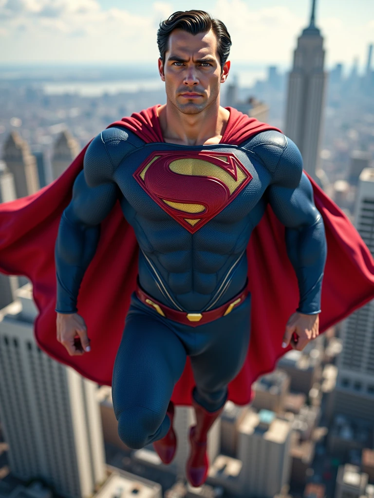 1boy, superman, abs, bara, black hair, blue bodysuit, blue eyes, bodysuit, cape, closed mouth, crossed arms, large pectorals, male focus, muscular, muscular male, pectoral lift, pectorals, red cape, short hair, outdoors, skyscrapers, solo, superhero, upper body , ((masterpiece))