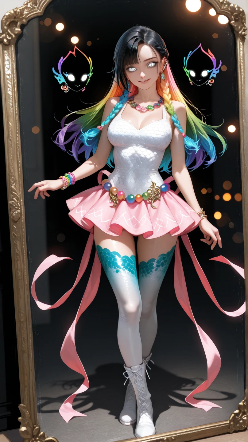 A JustforFun creation. (((Ultra detailed, beautiful face, Megapixel))) Create a visually captivating and exuberantly vibrant photo realistic image featuring a character named Rainbow, where the topic is rainbows. Rainbow is a living embodiment of color and joy. Her (multicolored) eyes sparkle with the magic of rainbows themselves. Her (rainbow-hued) hair cascades in a kaleidoscope of colors, reflecting the enchanting beauty of prismatic light. She wears a flowing, (colorful) gown that dances with vibrant hues, mimicking the arcs of rainbows. Against a blank black background, Rainbow's captivating features take center stage, allowing her to radiate a contagious and exuberant rainbow-inspired aura. With your camera, a high-resolution mirrorless camera paired with a prime lens, you will capture the vibrant colors and infectious energy of Rainbow's persona.