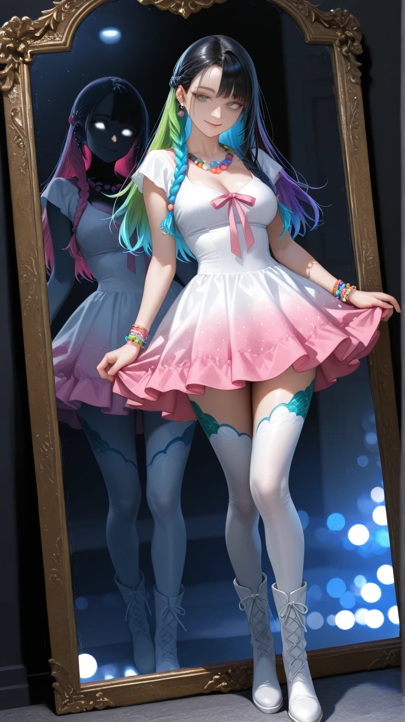 Girl, white tights, blue bow, pink hair, hair gradient blue, purple hairpins,