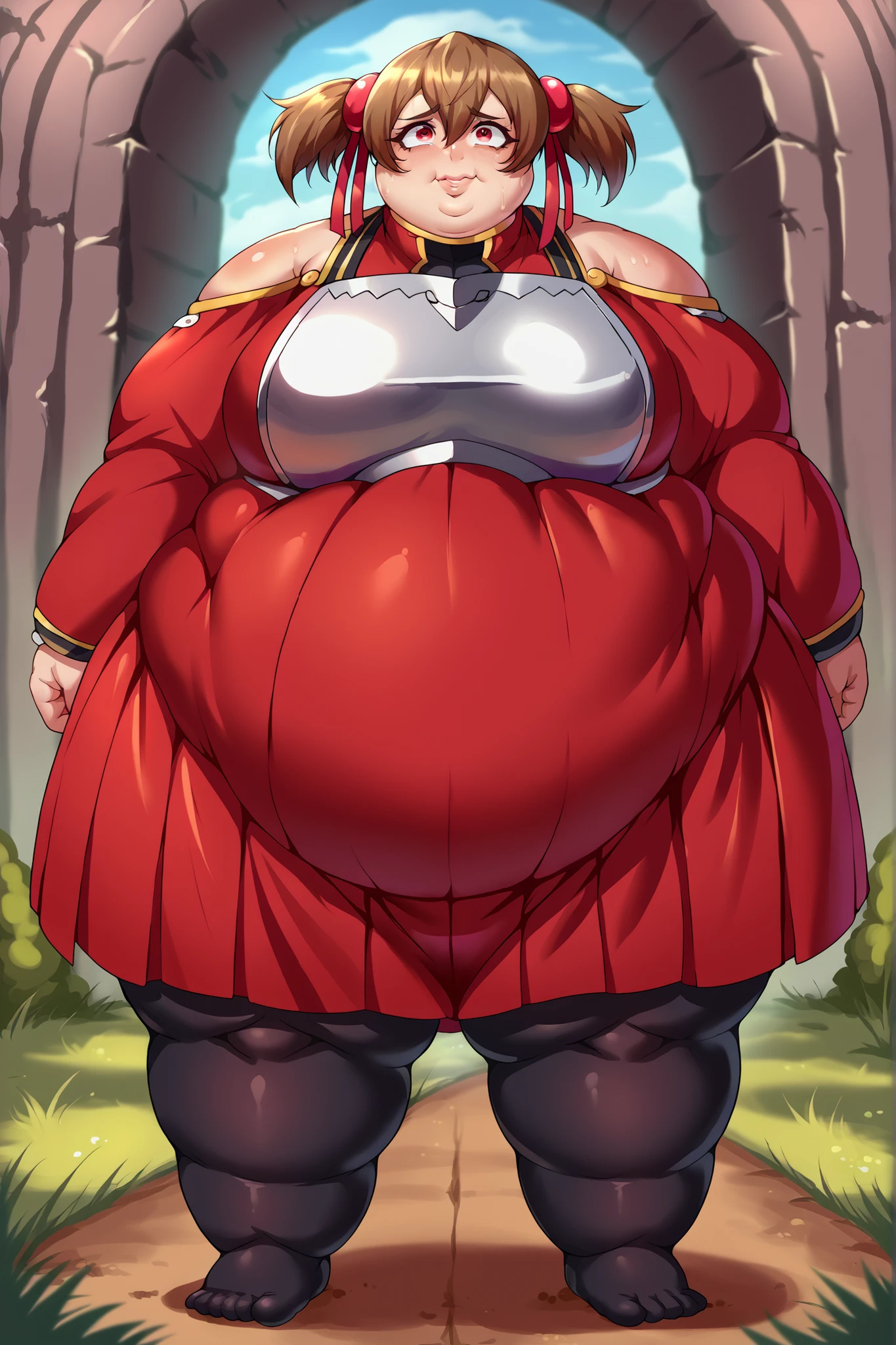 1woman, adventurer, medieval, walking through the forest , smiling, curvy, wide hips, thick, fat ass,