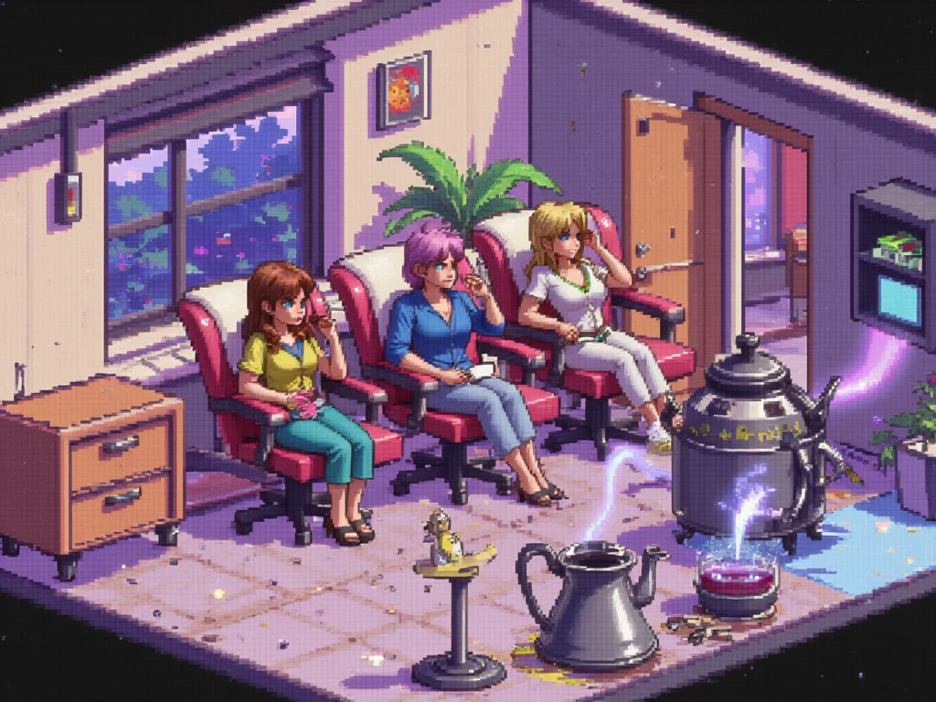Convert your boring office meeting room into a retro-futuristic 16-bit RPG map. Quest givers in swivel chairs, magic coffee pots, lootable filing cabinets. Isometric pixel art, FF6-style palette.
