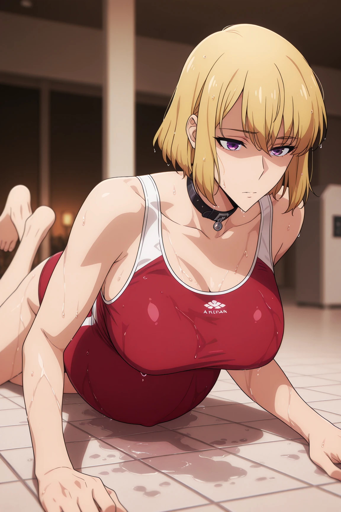 1 girl, alone, Tenka Izumo, short hair, aqua eyes, blonde hair, smile, jewelry, choker, blush, sweat, arms up, armpits, sports bra, black cleavage bra, yoga pants, tight black pants, bare waist, ,standing, room,bedroom, looking at viewer,from behind,pov(from below),(cowboy photo: 1.5), (masterpiece: 1.2),sexy body, full body,best quality, high resolution, (illustration: 0.8), (beautiful detailed eyes: 1.6) , detailed, large breasts, medium waist, wide hips, round butt, perfect lighting, extremely detailed, (perfect hands, perfect anatomy),